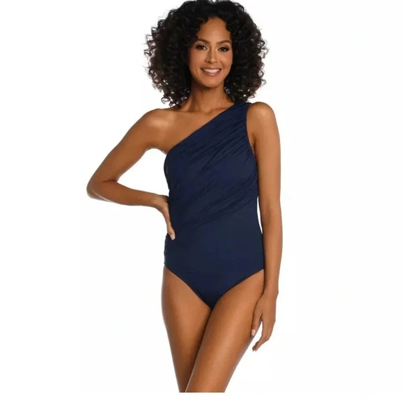 La Blanca Island Goddess Shirred One Shoulder One Piece in Indigo $120 - Picture 4 of 8